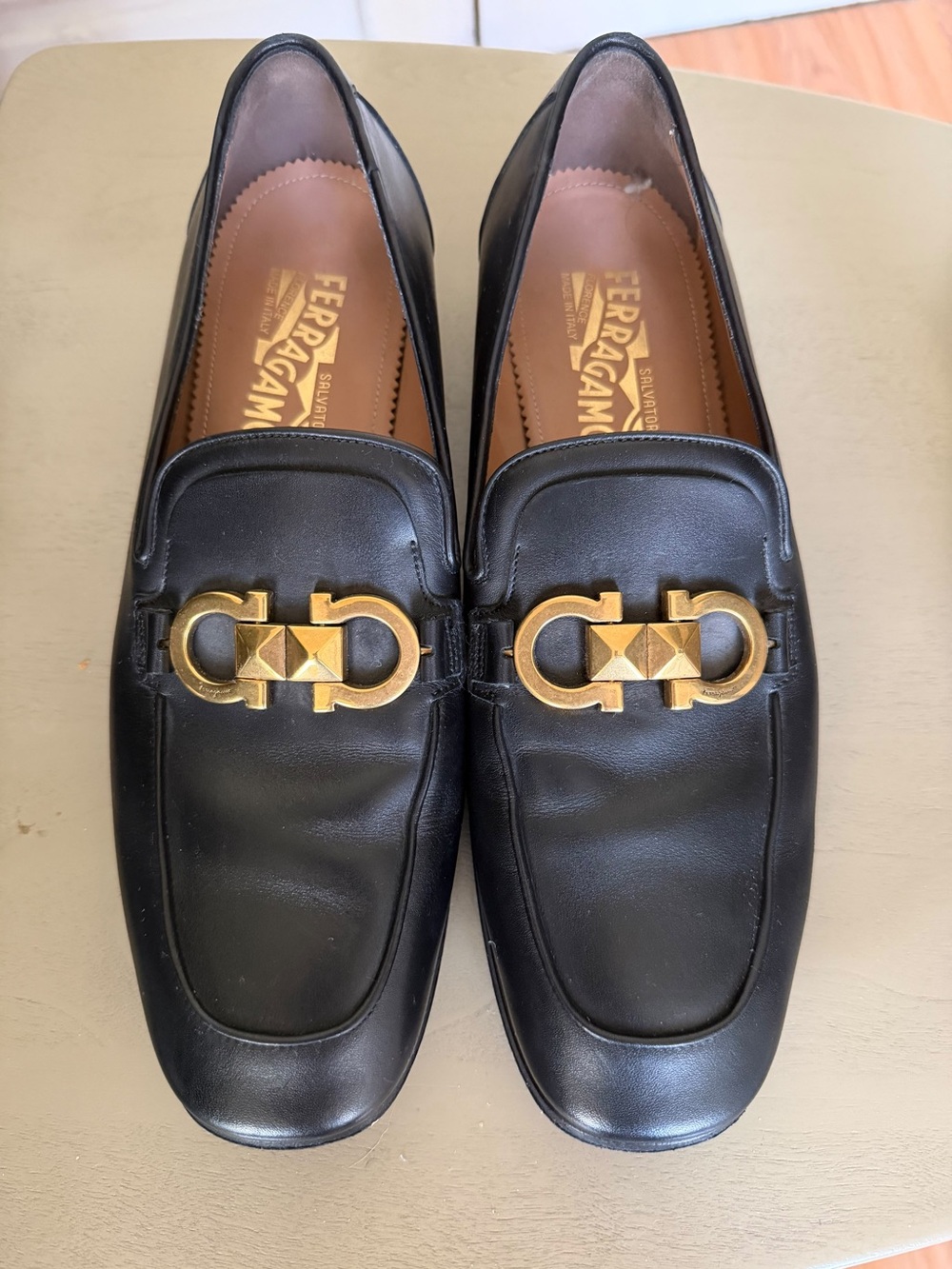 Salvatore Ferragamo Black Leather Loafers with Gold Gancini Hardware